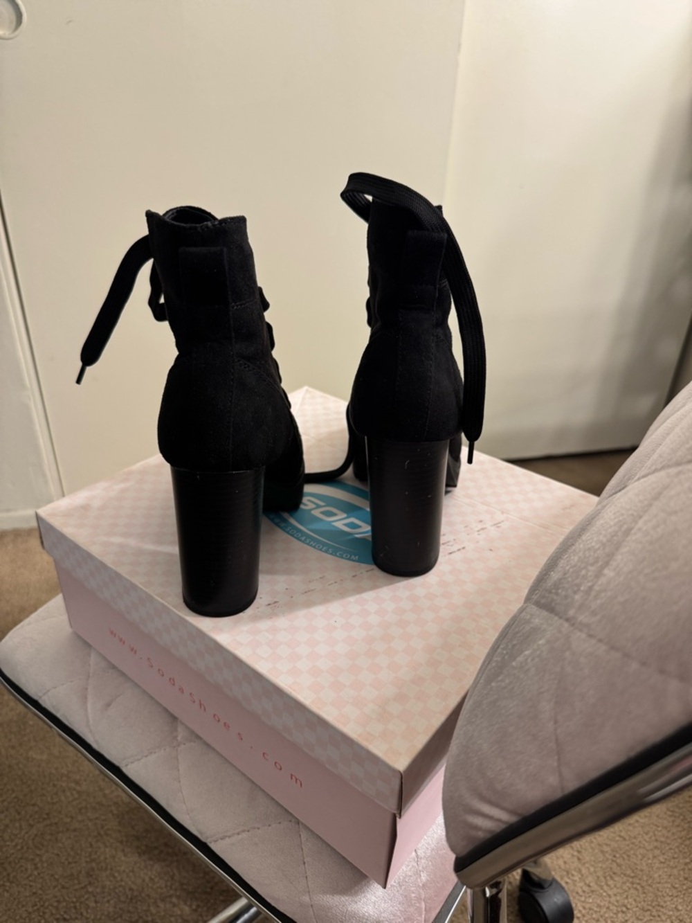 Soda Black Lace-Up Chunky Heel Ankle Boots - Picture 4 of 5